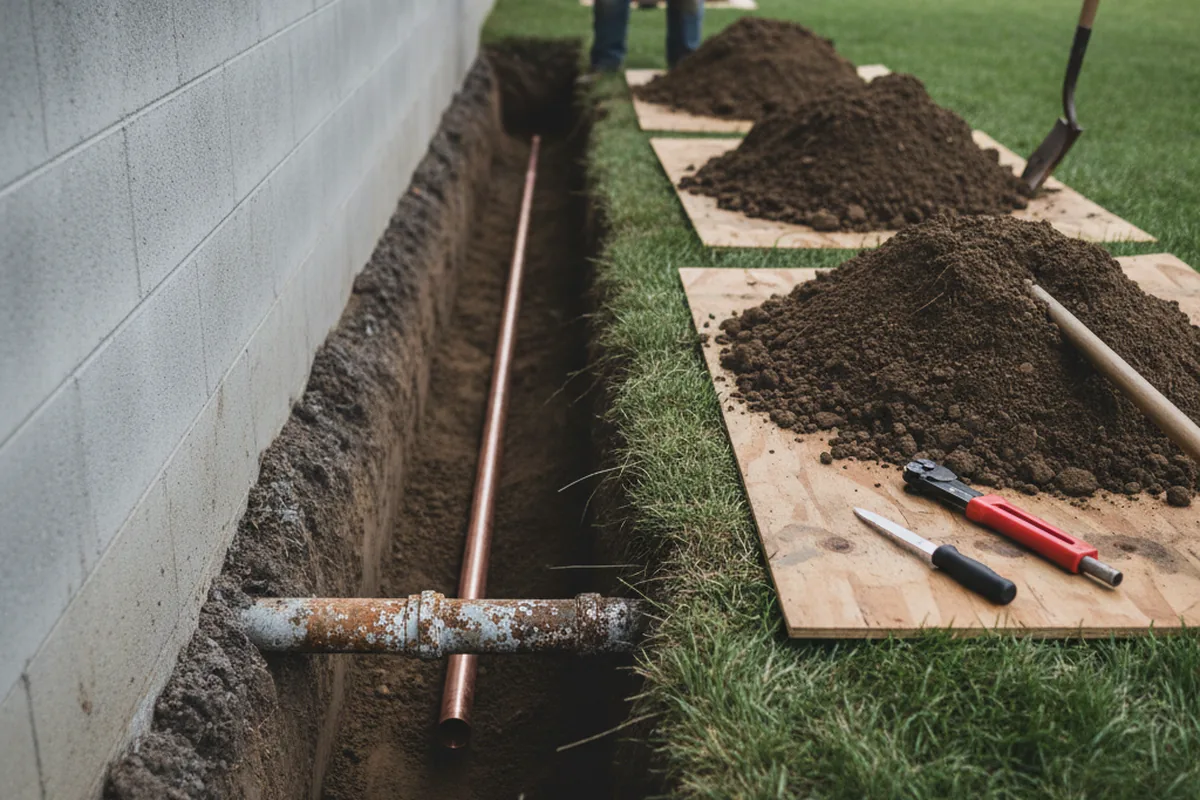 Excavated water line trench during Sewer Line Repair in Tewksbury